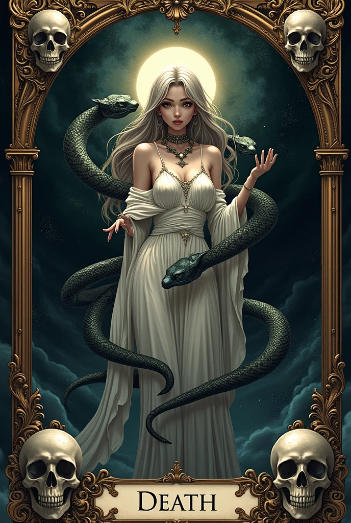 ultra detailed, high resolution, best quality, hyper realistic image of a hand drawn 3d anime like, the death card from tarot cards with frames drawn with skulls and snakes and inside the frame there is an ethereal figure that takes the form of a female with absurd and macabre elements. Also use the typography "death" to show the name of the card