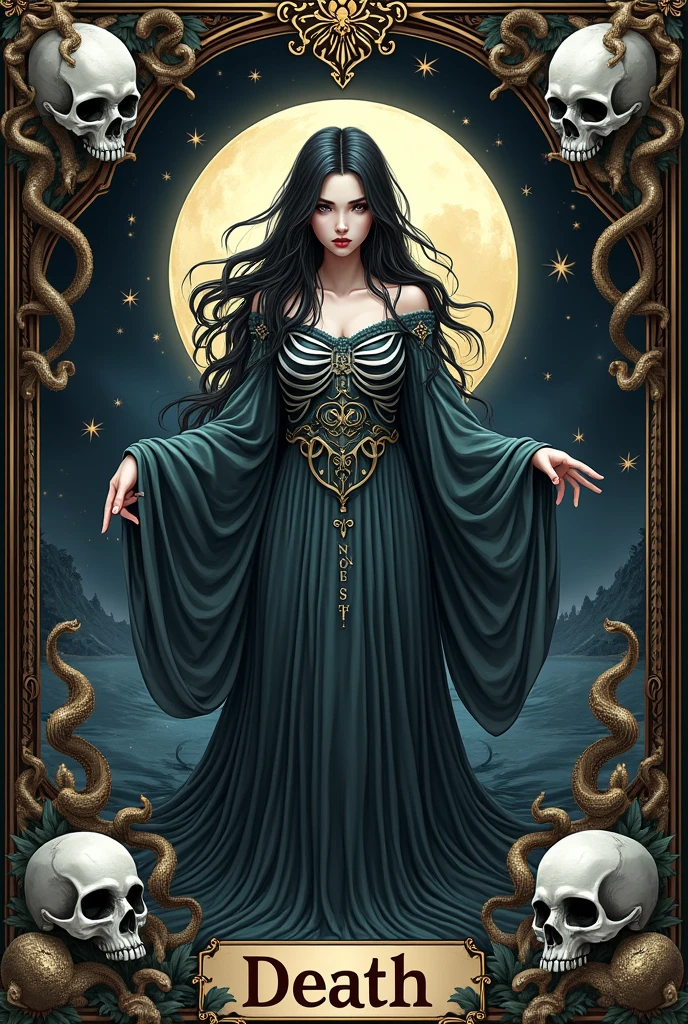ultra detailed, high resolution, best quality, hyper realistic image of a hand drawn 3d anime like, the death card from tarot cards with frames drawn with skulls and snakes and inside the frame there is an ethereal figure that takes the form of a female with absurd and macabre elements. Also use the typography "death" to show the name of the card