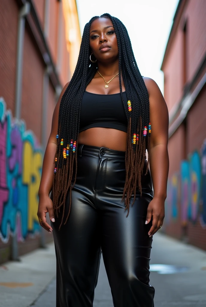 chubby black woman with box braids wearing leather pants and cropped