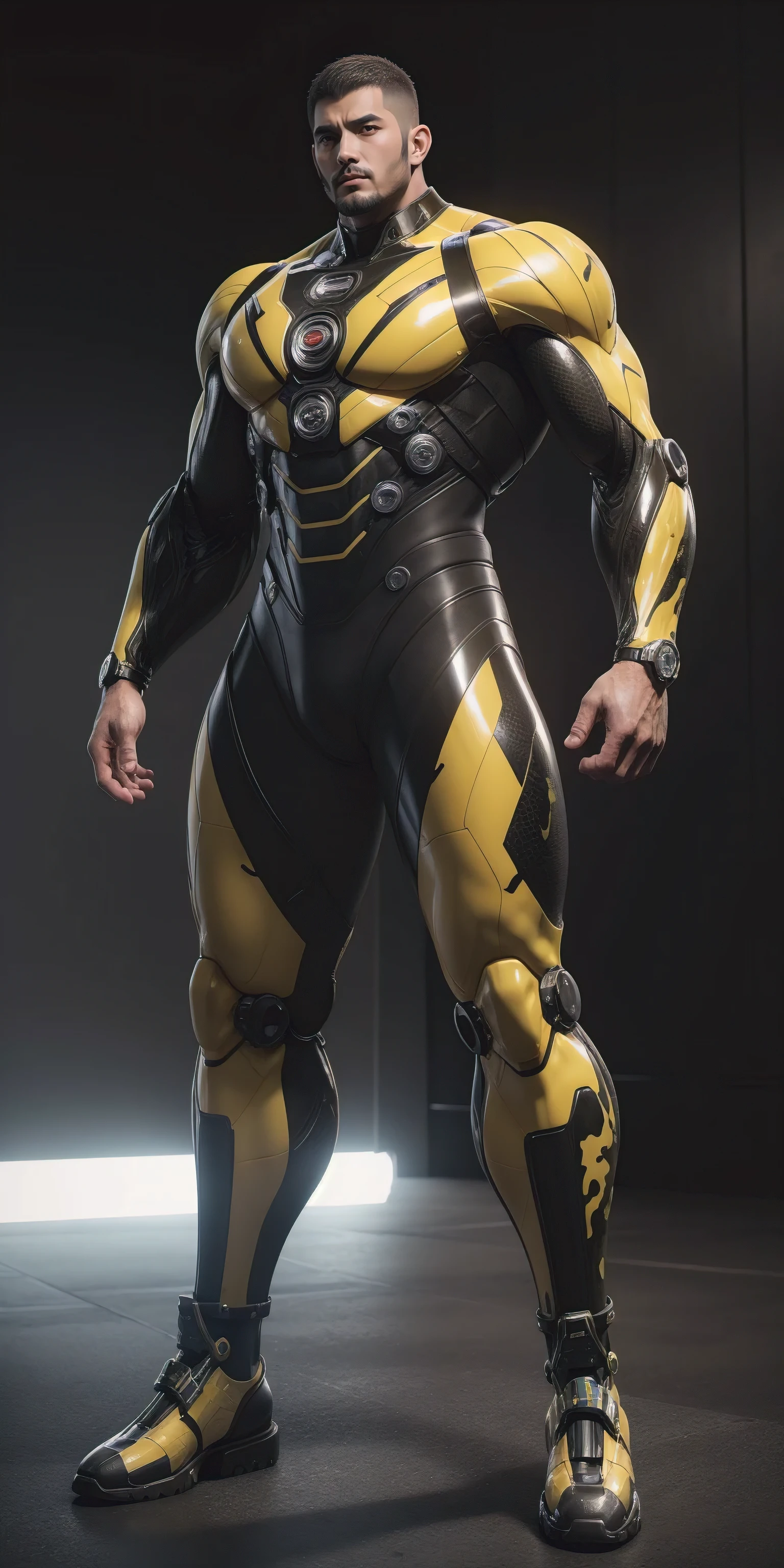Tall giant muscular police officer，Buzz Cut，Very long legs，Yellow and black camouflage patterned nano mecha，Honeycomb pattern，Lightweight texture，Character Concept（Resident Evil - Chris Redfield，Chris Redfield）senior police officer，Small grid texture，Regular symmetrical texture pattern，Sad expression，Deep and charming eyes，Standing in a bright mechanical laboratory，Emerald Eyes Hero，Heroic male pose，Tall burly，muscular！Attractive leg muscles，High target, Burly, Heqiang，  Super Buff and Coolness， High Resolution Committee， Bigfoot yellow-gray ultra-thin nano-mechanical boots，Charismatic strongman，The bright sunshine shines on you，Matte particles，Shiny texture