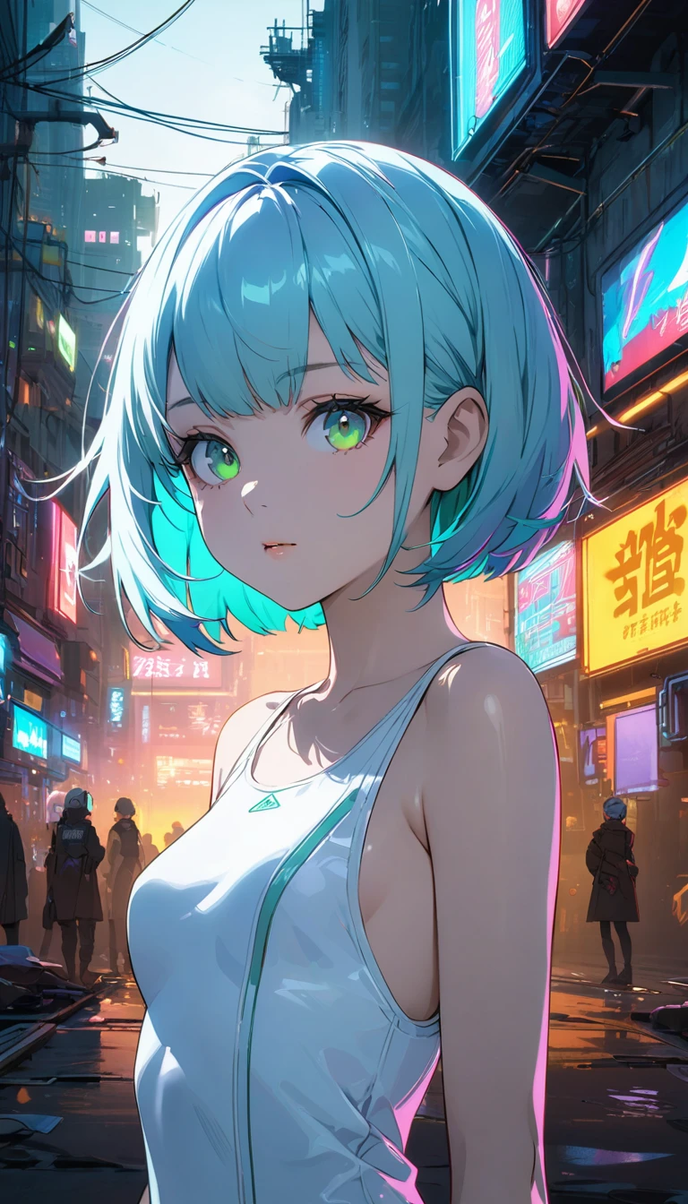 Highest quality、Light blue hair、Short Bob、Deep green eyes、Small breasts,25 years old,cyberpunk picture