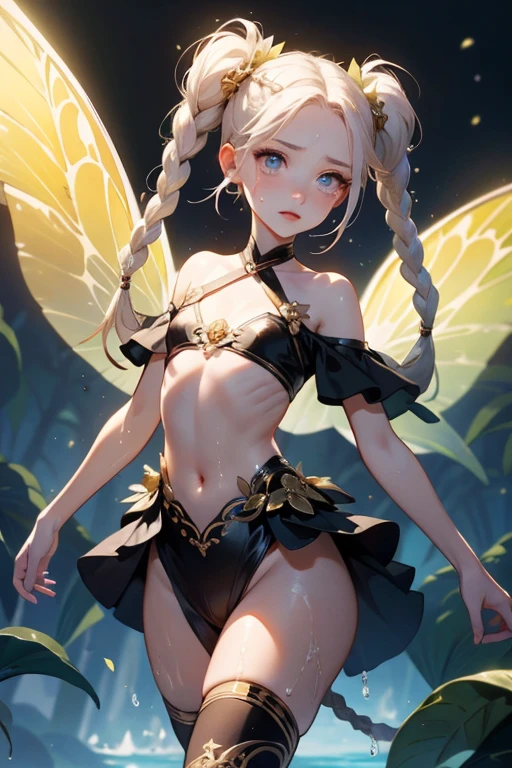  ((Highest quality)), ((masterpiece)), (detailed), One person, ((Highest quality)), ((masterpiece)), (detailed), 1 girl, Off the shoulder, small tribal,(((small ,small))),(Round face),(small chest),(Large forehead:1.2),(Beautiful big eyes:1.3),extremely detailed cute anime face, (((Flat Chest))),((((Long double braids,Tight braids,Long braids,Braided hair,Long scissors,Colored undercoat)))),Complex eyes,beautiful detailed eyes,Symmetrical eyes,((((Glowing Skin:1.5,Light Skin: 1.5,Glowing Skin,very Glowing Skin,Shiny body,Reflex muscles)))),(((detailed face))),beautiful detailed lips,(National Foundation)), ((Loinclothドレス)),(Loincloth,style),(Clothes made from leaves and flowers),((Wet clothes,)), Dynamic pose,Looking at the audience, (((awkward))),(Frightened expression),High resolution,(Highest quality),(ultra detailed,extremely detailed),Perfect facial details, ((masterpiece:1.4, Highest quality))+, (ultra detailed)+, Long twin tails, (White Stockings), cute,Blue clothes, (Flat Chest:1.3), 1 Fairy, Off the shoulder, fairy tale, Fairy, 翼を持つエルフの少孩Fairy, Wings of different kinds of insects, small breasts (Flat Chest:1.3), National Foundation，Tentacles状藤蔓, 覆盖着Tentacles, 被Tentacles缠绕, 身体周围的Tentacles, 许多Tentacles, 被Tentacles捕获, 被Tentacles, 被Tentacles困住, The finer details，Tentacles，用Tentacles绑住, 漫游Tentacles, Lazy，cry，Frightened expression, panic, Fight to survive, Helpless, detailedなボディ，Complete limbs，National Foundation, Attracted by flowers, Wildlife, Dense forest, Terrible flower environment, Terrifying Nature, Predatory plants, Fairy捕手, Fairy捕手, Fairy捕手 plant, Tentacles状藤蔓, Fairy捕手-plant, Fairy捕手 flower, Tentacles状藤蔓, Fairy捕手-flower inspired by carnivorous plants; Plants occupy an evolutionary niche、