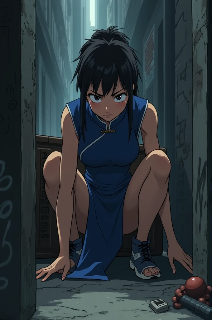 Chun Li crouched behind without underwear, trembling mouth and tearful eyes