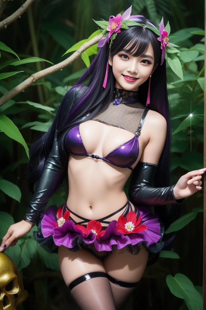 sexy Indonesian Model who controls poison、happy smile、glossy lipstick、long lashes、smokey eyeshadow、look at the camera、full body Esbian、、sparkling poisoned flower costume、、、、shiny sparkling multicolor hair、secrete poison、skull hair accessories、fishnet tights、shiny sparkling dark magic forest background
