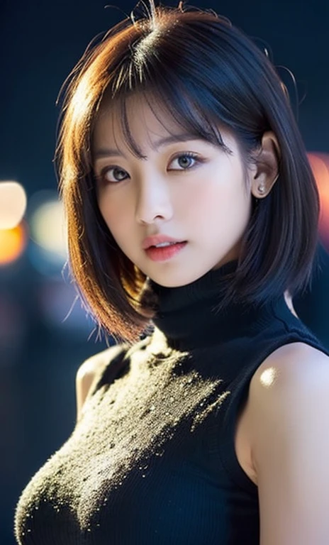( (((A beautiful woman))), (Snowy weather),(((detailed face))),((beautiful face)), perfect body anatomy, hands on hips, huge breasts,pretty,sleeveless turtle neck, white silky clothes, purple mini-skirt, 4k , super high resolution ,(photo-realistic: 1.7),black background,black short hair, ((SFW)), cowboy_shot, night bokeh, SFW)