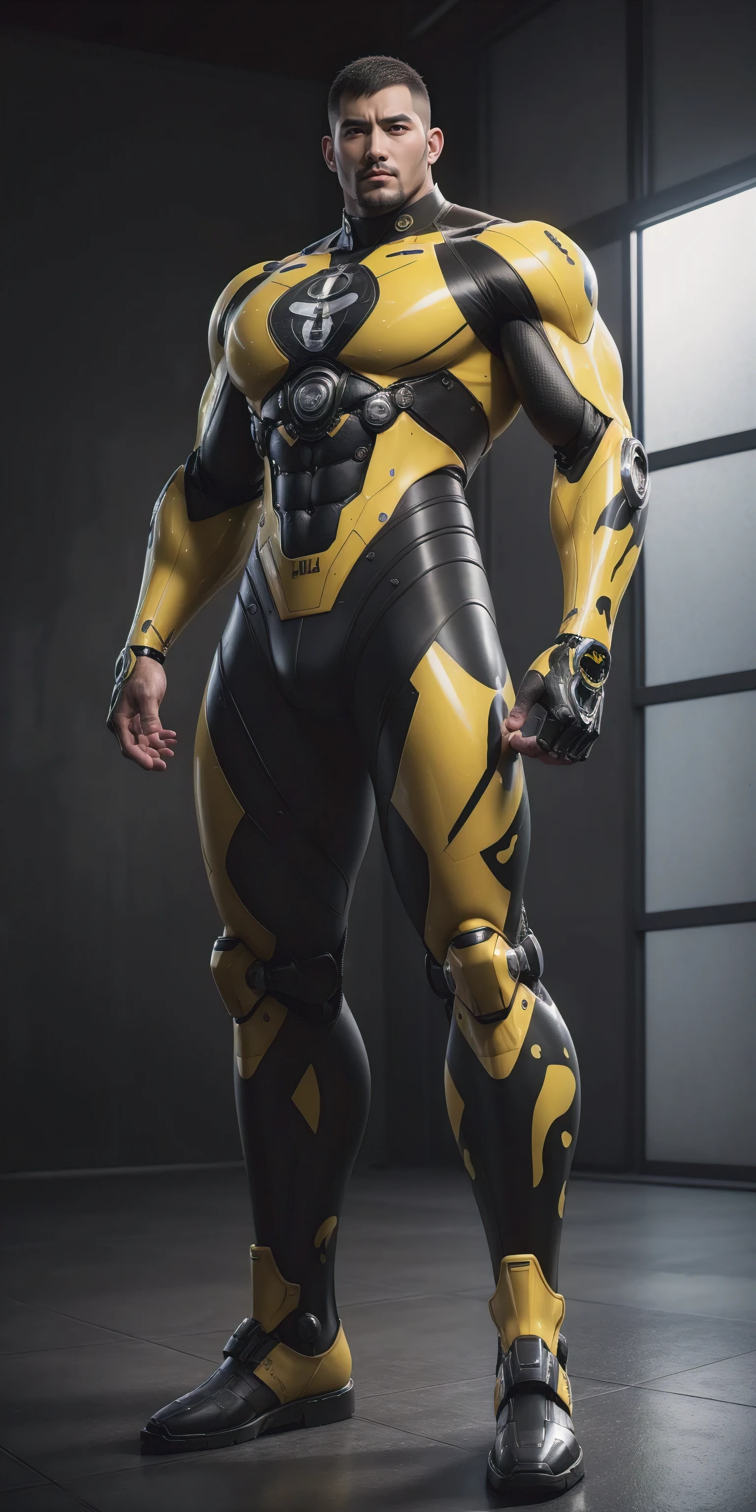 Tall giant muscular police officer,Yellow and black camouflage patterned nano mecha,Honeycomb pattern,Lightweight texture,Character Concept(Resident Evil - Chris Redfield,Chris Redfield)senior police officer,Small grid texture,Regular symmetrical texture pattern,Sad expression,Deep and charming eyes,Standing in a bright mechanical laboratory,Emerald Eyes Hero,Heroic male pose,Tall burly,muscular!Attractive leg muscles,High target, Burly, Heqiang, Super Buff and Coolness, High Resolution Committee, Bigfoot yellow-gray ultra-thin nano-mechanical boots,Charismatic strongman,The bright sunshine shines on you,Matte particles,Shiny texture