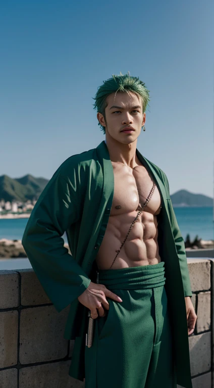 (first work, Better Quality: 1.2), Cowboy Shot, alone, foco Masculine, One person, Roronoa zoro, scar, Muscular man, smile, Watching the audience, (二knife流: 1.2) knife, Arms crossed, kimono, Green kimono (((Master Parts+Highest quality+High resolution+Ultra-detailed))), Zoro\(one piece\), High nose, Sharp eyes, Perfect Eyes, A noble and inviolable character, (([Masculine]: 1.2 + [May]: 1.2 + Green Hair: 1.2)), Pirate ship background, (one piece), Roronoa zoro, Green Hair cortado, Cowboy Shooting, scar no olho, musculoso Masculine, (二knife流:1.2), knife, Arms crossed, kimono, Green kimono, Dynamic angles and postures.
name: Roronoa zoro Idade: Age 21 Height: 1,Weight 81m: 78kg Place of Birth: East Blue, Physical Description: Zoro is a skilled swordsman with a distinctive appearance. He has unkempt green hair and three scars over his left eye., Your rigorous training pays off.. His athleticism and lean muscles reflect his strength and athleticism.. He usually、He is seen wearing an open shirt and green pants.。, On my back３In addition to carrying the sword of the book. Personality: Zoro is known for his serious and determined nature. He is very loyal to his friends、Willing to risk his life to protect them。. His relentless quest to become the strongest swordsman in the world、Often leading to intense training and taking on powerful opponents。. Despite its intimidating appearance, Zoro has a dry sense of humor and often engages in funny moments with his teammates.
