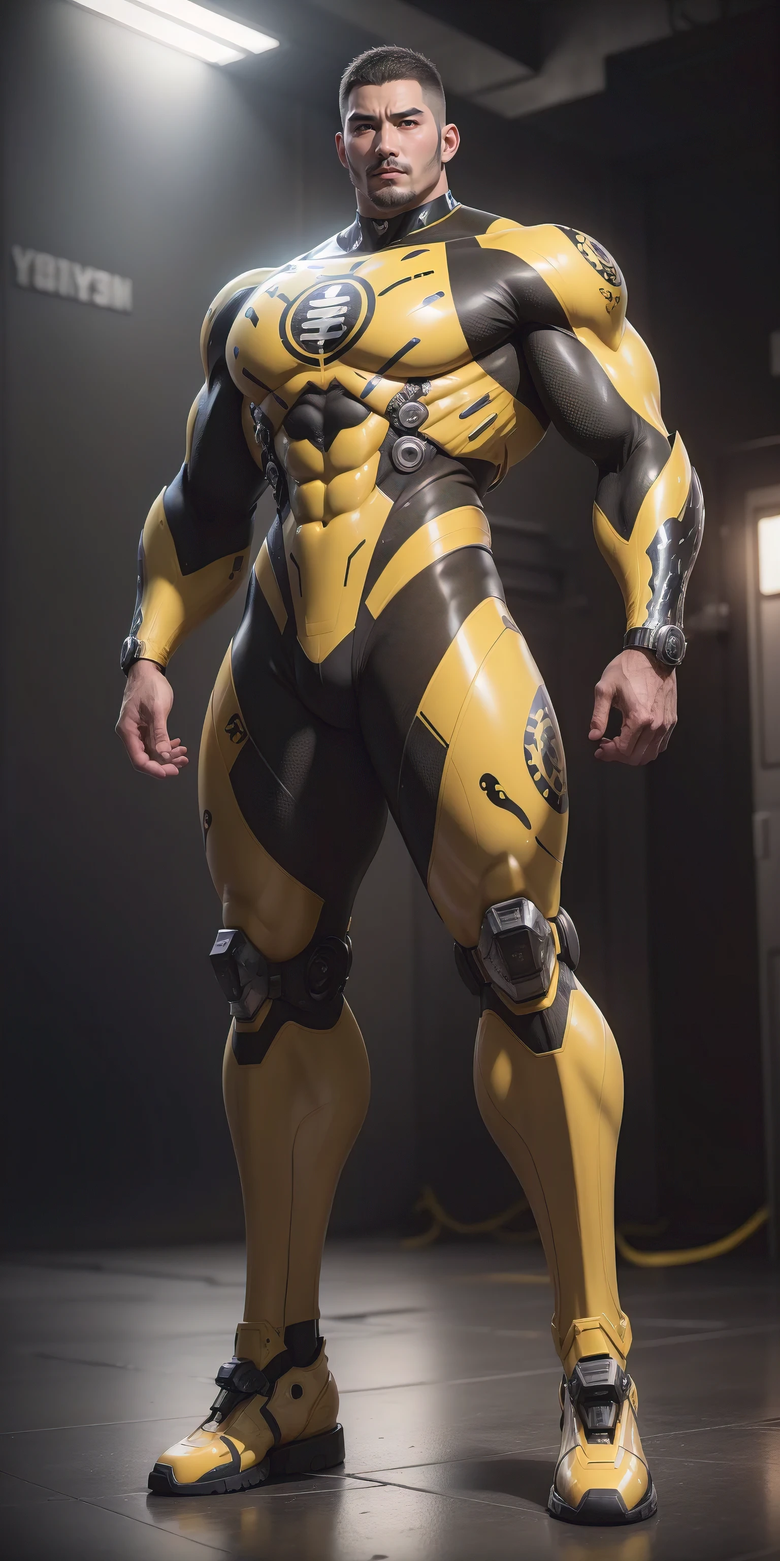 Tall giant muscular police officer,Buzz Cut,Very long legs,Yellow and black camouflage patterned nano mecha,Honeycomb pattern,Lightweight texture,Character Concept(Resident Evil - Chris Redfield,Chris Redfield)senior police officer,Small grid texture,Regular symmetrical texture pattern,Sad expression,Deep and charming eyes,Standing in a bright mechanical laboratory,Emerald Eyes Hero,Heroic male pose,Tall burly,muscular!Attractive leg muscles,High target, Burly, Heqiang, Super Buff and Coolness, High Resolution Committee, Bigfoot yellow-gray ultra-thin nano-mechanical boots,Charismatic strongman,The bright sunshine shines on you,Matte particles,Shiny texture