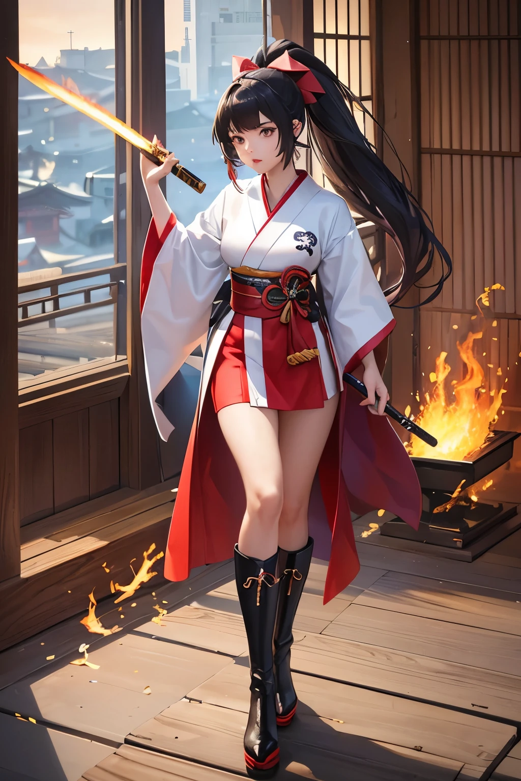A 20-year-old female character in a flashy haori, mini hakama, knee-high boots, with long ponytail hair, holding a flaming sword, in the style of Japanese anime.
