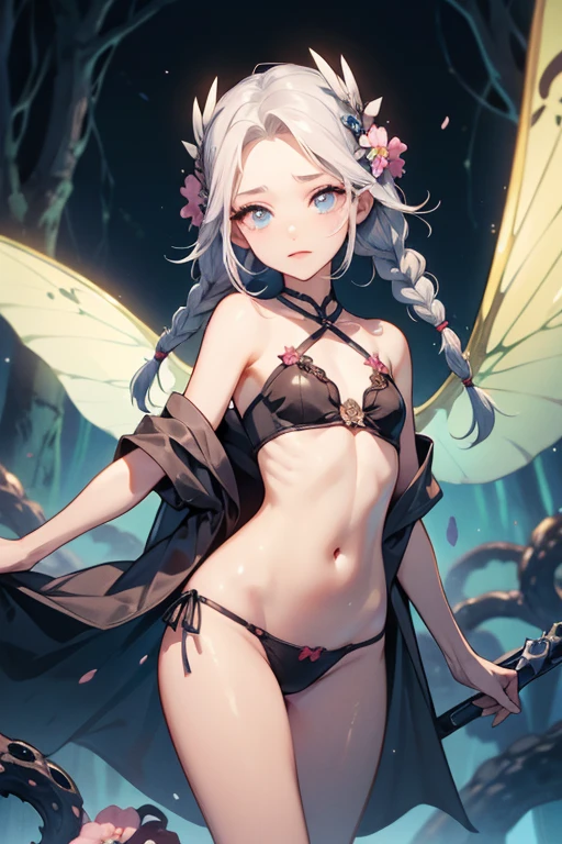 ((Highest quality)), ((masterpiece)), (detailed), 1 personの, ((Highest quality)), ((masterpiece)), (detailed), 1 person, Off the shoulder, small tribal,(((small ,small))),(Round face),(small chest),(Large forehead:1.2),(Beautiful big eyes:1.3),extremely detailed cute anime face, (((Flat Chest))),((((Long double braids,Tight braids,Long braids,Braided hair,Long scissors,Colored undercoat)))),Complex eyes,beautiful detailed eyes,Symmetrical eyes,((((Glowing Skin:1.5,Light Skin: 1.5,Glowing Skin,very Glowing Skin,Shiny body,Reflex muscles)))),(((detailed face))),beautiful detailed lips,(National Foundation)), ((Loinclothドレス)),(Loincloth,style),(Clothes made from leaves and flowers),((Wet clothes,)), Dynamic pose,Looking at the audience, (((awkward))),(Frightened expression),High resolution,(Highest quality),(ultra detailed,extremely detailed),Perfect facial details, ((masterpiece:1.4, Highest quality))+, (ultra detailed)+, Long twin tails, (White Stockings), cute,Blue clothes, (Flat Chest:1.3), 1 Fairy, Off the shoulder, fairy tale, Fairy, 翼を持つエルフの少孩Fairy, Wings of different kinds of insects, small breasts (Flat Chest:1.3), National Foundation,Tentacles状藤蔓, 覆盖着Tentacles, 被Tentacles缠绕, 身体周围的Tentacles, 许多Tentacles, 被Tentacles捕获, 被Tentacles, 被Tentacles困住, The finer details,Tentacles,用Tentacles绑住, 漫游Tentacles, Lazy,cry,Frightened expression, panic, Fight to survive, Helpless, detailedなボディ,Complete limbs,National Foundation, Attracted by flowers, Wildlife, Dense forest, Terrible flower environment, Terrifying Nature, Predatory plants, Fairy捕手, Fairy捕手, Fairy捕手 plant, Tentacles状藤蔓, Fairy捕手-plant, Fairy捕手 flower, Tentacles状藤蔓, Fairy捕手-flower inspired by carnivorous plants; Plants occupy an evolutionary niche、A bra that reveals the nipples.,String panties