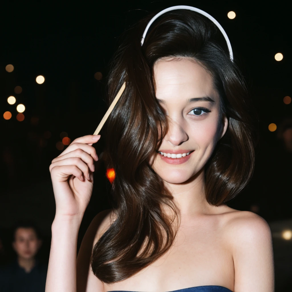 1girl, quite a bit body, Realistic photograph best quality portrait of a beautiful gorgeous young cute Asian woman, 24yo., looking at viewer, detailed face, Realistic texture human skin, bright glowing face, curved eyebrows, droopy hooded eyes, over ear headphone, low nasal bridge, wavy nose, wind tousled bob hair, (((young Marion Cotillard blended face mixed with young Anne Hathaway))), wearing indigo strapless crop top, deep cleavage, hand up on hair, Happy wide smile, ethereal girl, intimate lighting sturdy, real photo, brown eyes, best quality, masterpiece, sensually licking a melted popsicle, celebrating, a spectacular colorful firework show, the lights are shaped in a flower, in the dark night sky, festive, Leica SL3, Summicron-SL 75mm ASPH, F/1.8, (cinematic still:1.2), Film Never Die Kiro 400 film, bokeh, rim lighting, silhouette, shallowed depth of field,