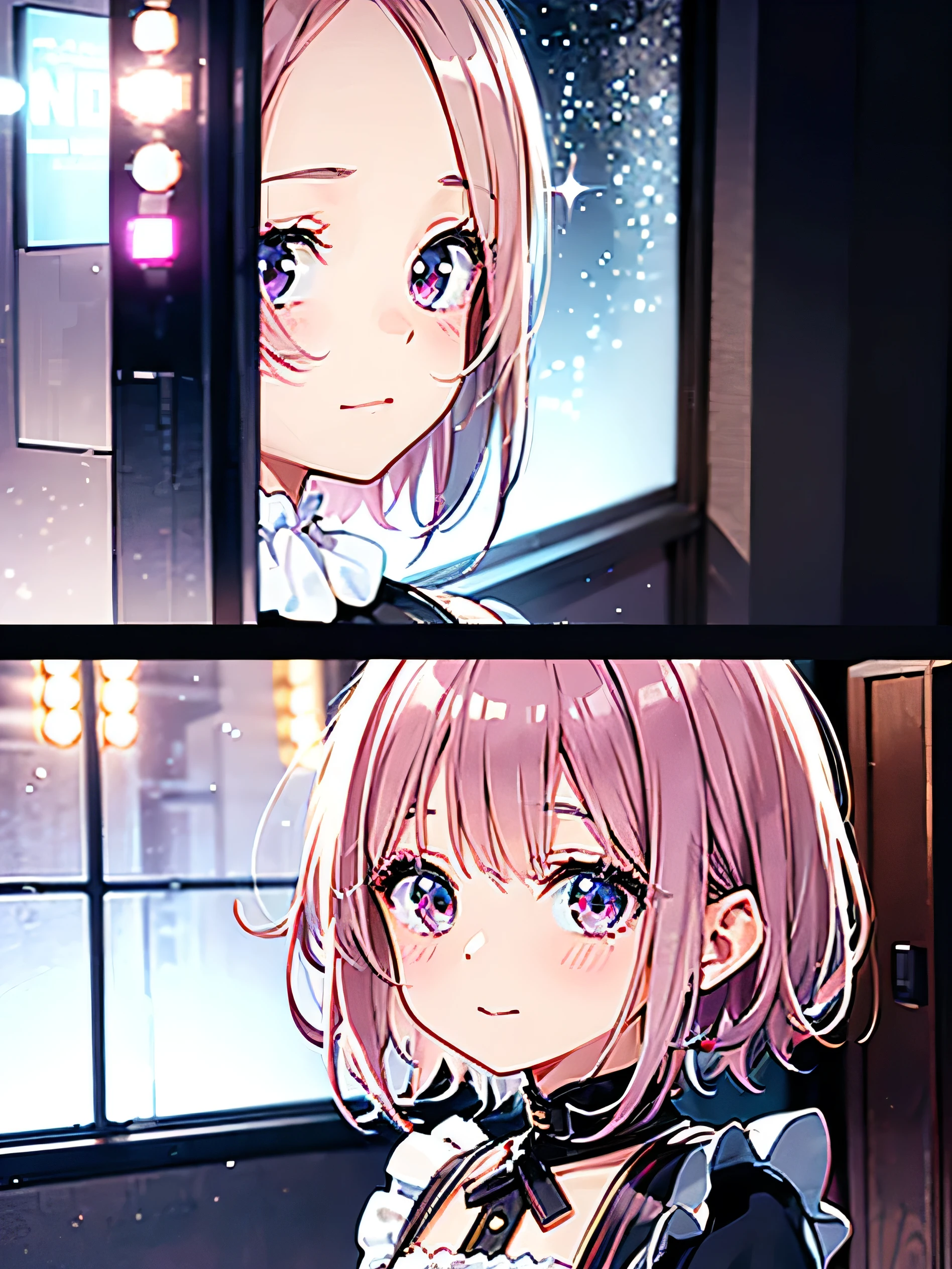 1 woman, portrait, Anime girl with a maid outfit and short pink hair, Pink hair with blue gradient tones, pink eyes, close up face, detailed eyes, detailed hair, Emotionally loving happy expression, Crystal-like shining eyes, movie lights, very detailed 신체, face, clothes, (best quality,4K,8k,mackerel,masterpiece:1.2),very detailed,Ultra HD, masterpiece, Very very animated style, bokeh, Starry lights, original character