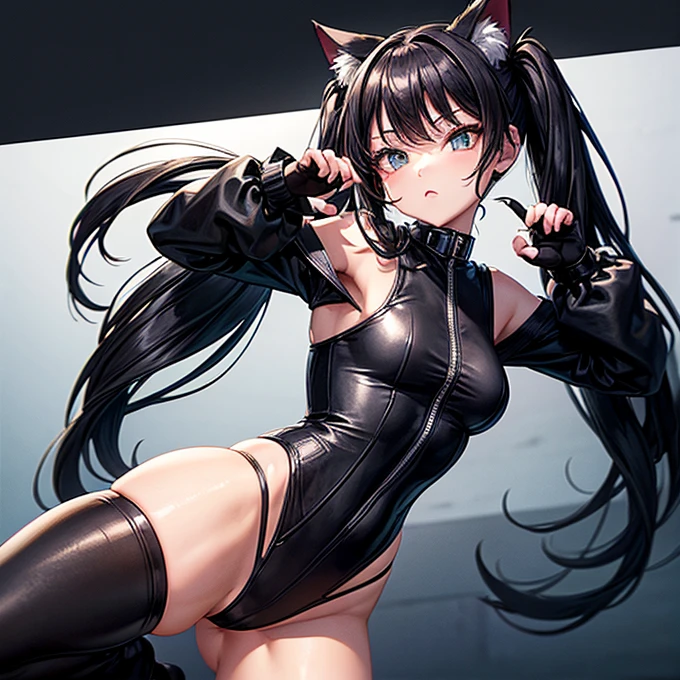 she is wearing black clothes, High Cut Bodysuit.Woman doing a high kick It has cat ears and a tail.. Twin tails Open Finger Gloves
