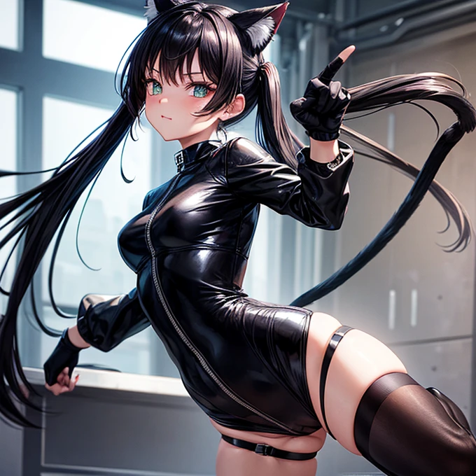 she is wearing black clothes,  High Cut Bodysuit.Woman doing a high kick　It has cat ears and a tail..　Twin tails　Open Finger Gloves