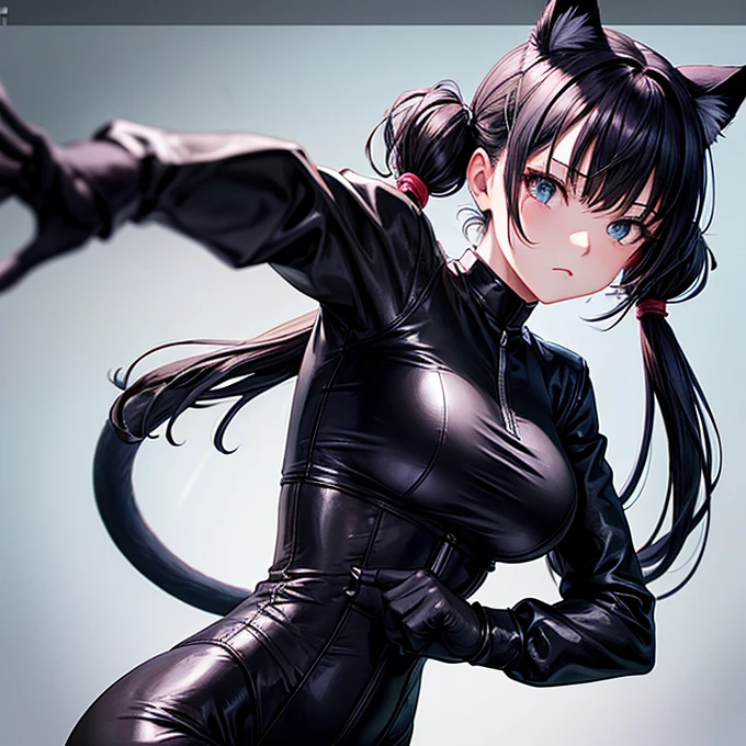 she is wearing black clothes, High Cut Bodysuit.Woman doing a high kick It has cat ears and a tail.. Twin tails Open Finger Gloves