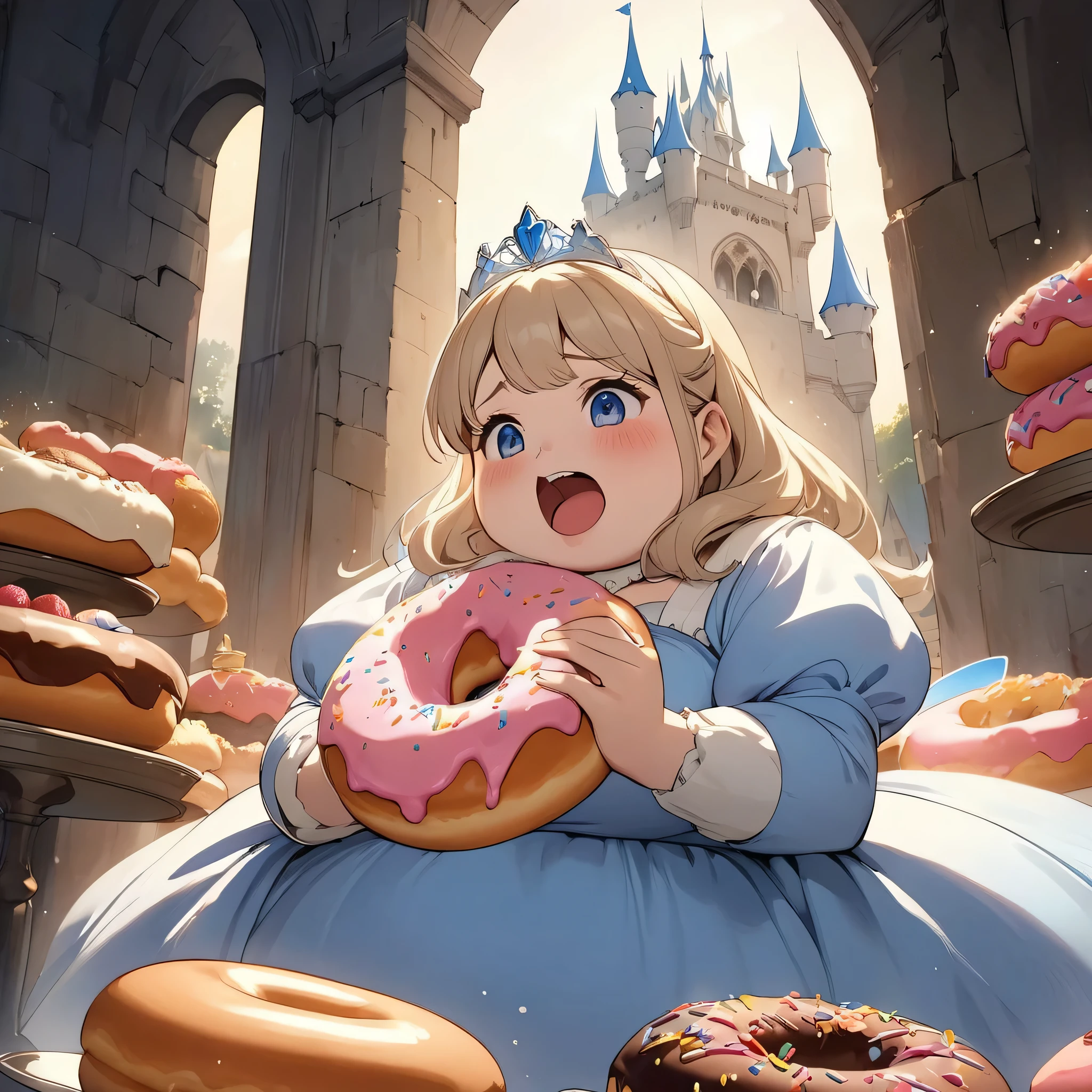 masterpiece、Bold, anime-style illustration、Humorous and crazy。 Cinematic lighting、Inside a medieval European castle、The protagonist is a fairy tale「Cinderella」The protagonist Cinderella。
She eats a lot of donuts、Plump appearance、I'm worried about my weight these days。