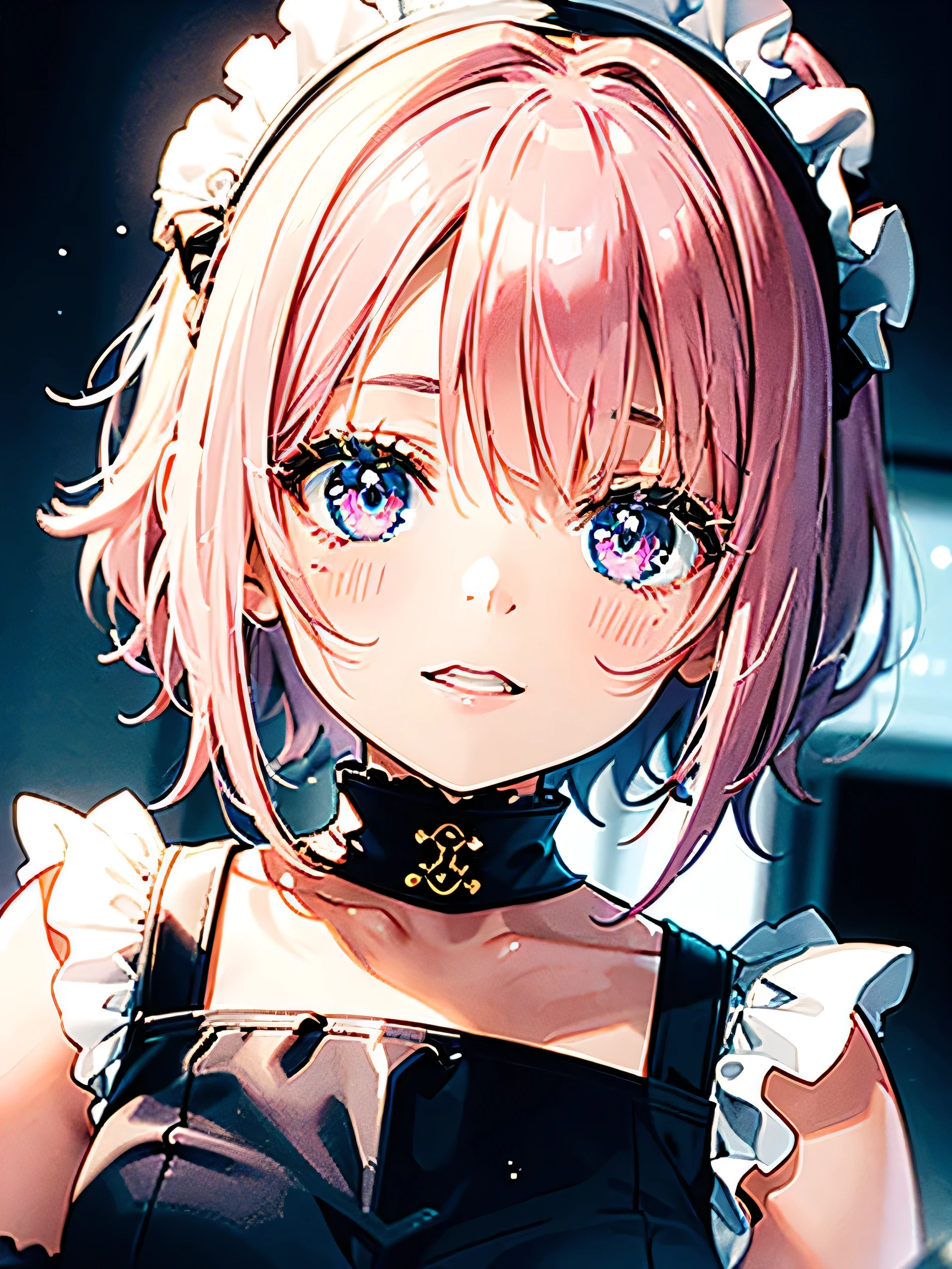 1 woman, portrait,  Anime girl with a maid outfit and short pink hair, Pink hair with blue gradient tones, pink eyes, close up face, detailed eyes, detailed hair, Emotionally loving happy expression, Crystal-like shining eyes, movie lights, very detailed 신체, face, clothes, (best quality,4K,8k,mackerel,masterpiece:1.2),very detailed,Ultra HD, masterpiece, Very very animated style, bokeh, Starry lights, original character 