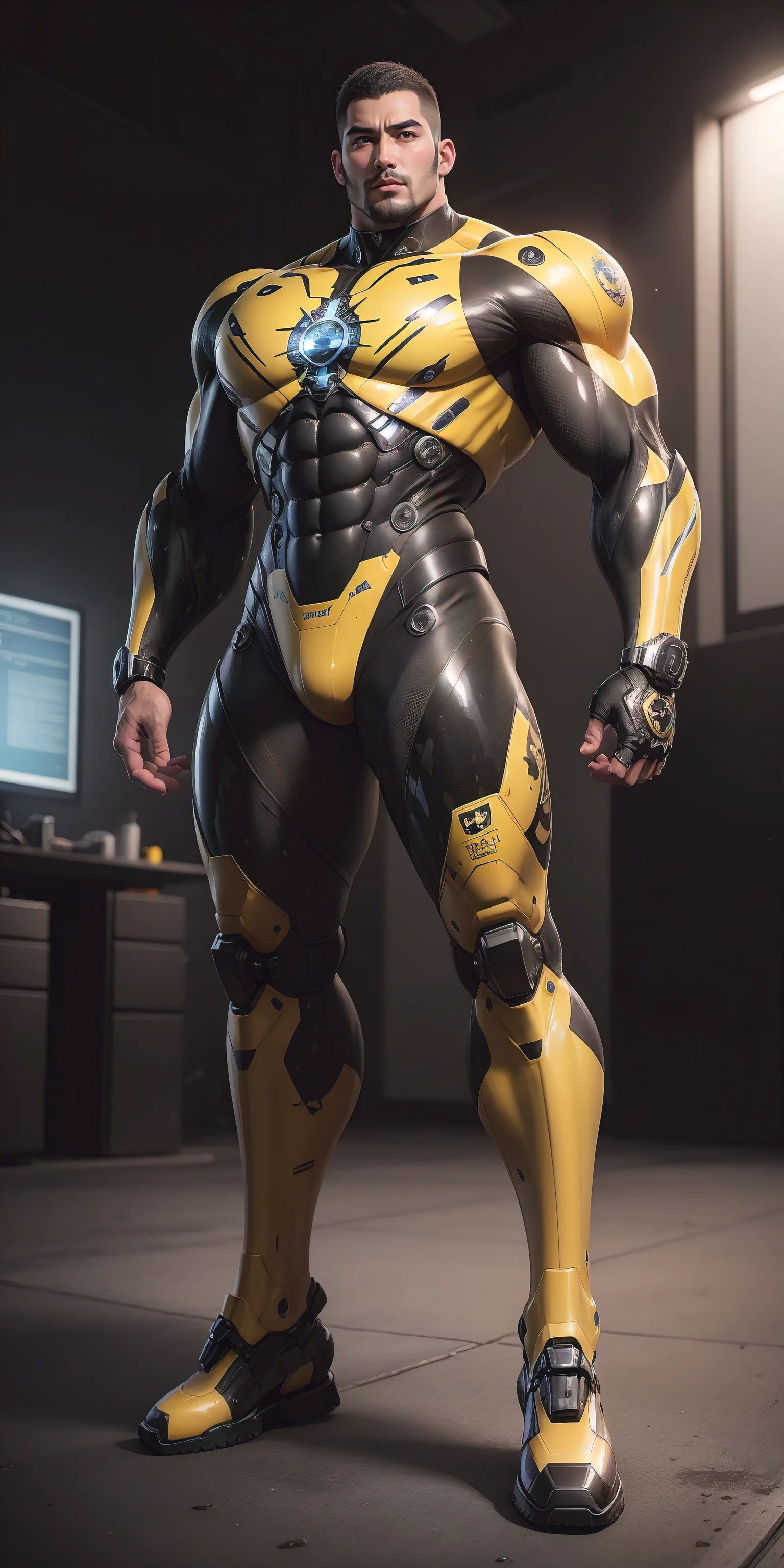 Tall giant muscular police officer,Buzz Cut,Very long legs,Yellow and black camouflage patterned nano mecha,Honeycomb pattern,Lightweight texture,Character Concept(Resident Evil - Chris Redfield,Chris Redfield)senior police officer,Small grid texture,Regular symmetrical texture pattern,Sad expression,Deep and charming eyes,Standing in a bright mechanical laboratory,Emerald Eyes Hero,Heroic male pose,Tall burly,muscular!Attractive leg muscles,High target, Burly, Heqiang, Super Buff and Coolness, High Resolution Committee, Bigfoot yellow-gray ultra-thin nano-mechanical boots,Charismatic strongman,The bright sunshine shines on you,Matte particles,Shiny texture