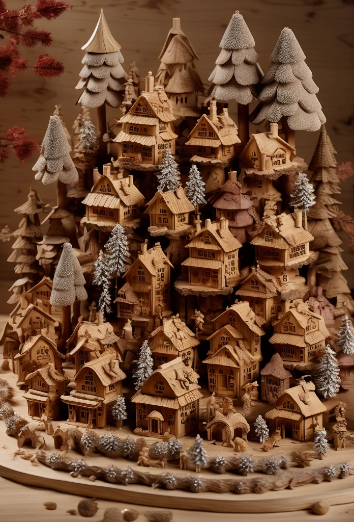 there are a lot of wooden houses on a christmastown, wooden decoration, wooden houses, wood ornaments, decoration, very realistic, wooden buildings, tree town, pilgrim village setting, seasonal, model trees, outstanding detail, stunningly detailed, full trees, with detailed wood, wood, a hyper realistic, tiny village, box, 1/30, by rainer hosch，a wooden train in the middle