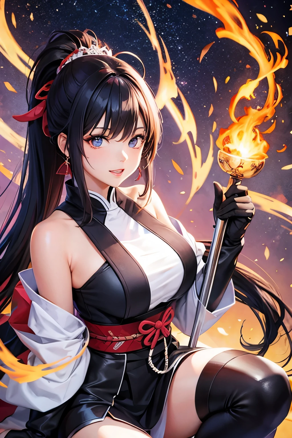 A 20-year-old female character in a flashy haori, mini hakama, knee-high boots, with long ponytail hair, holding a flaming sword, in the style of Japanese anime.