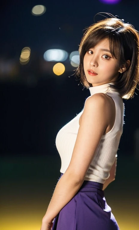 ( (((A beautiful woman))), (Starry night),(((detailed face))),((beautiful eyes)), perfect body anatomy, hands on hips, huge breasts,pretty,white sleeveless turtle neck, white silky clothes, purple mini-skirt, 4k , super high resolution ,(photo-realistic: 1.7),dark background,black short hair, ((SFW)), cowboy_shot, night bokeh, SFW)