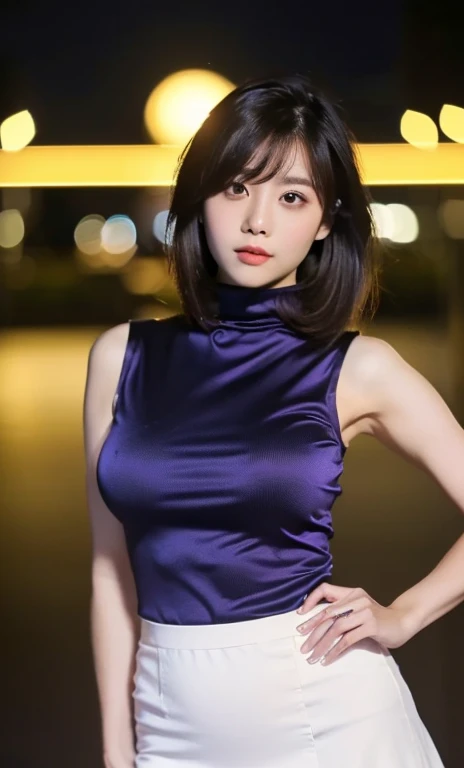 ( (((A beautiful woman))), (Starry night),(((detailed face))),((beautiful eyes)), perfect body anatomy, hands on hips, huge breasts,pretty,white sleeveless turtle neck, white silky clothes, purple mini-skirt, 4k , super high resolution ,(photo-realistic: 1.7),dark background,black short hair, ((SFW)), cowboy_shot, night bokeh, SFW)