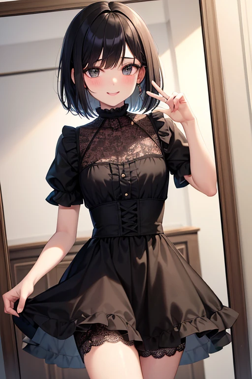 Highest quality, masterpiece,Androgynous male,Black Hair,Shorts Bob Cut,Ruffle and lace mini skirt,Ruffle and lace dress,Slim body,Blushing, smile, Large mirror