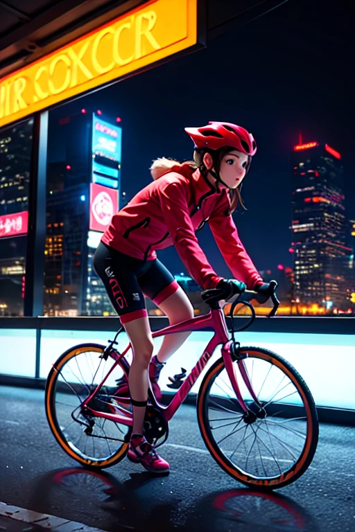 Cycling in nature, (ride a bicycle), 1 female, solo, gradient hair, Attention to detail,  City Night, illumination, Neon Light, skyscraper, Cool rider, Modern atmosphere,  full body