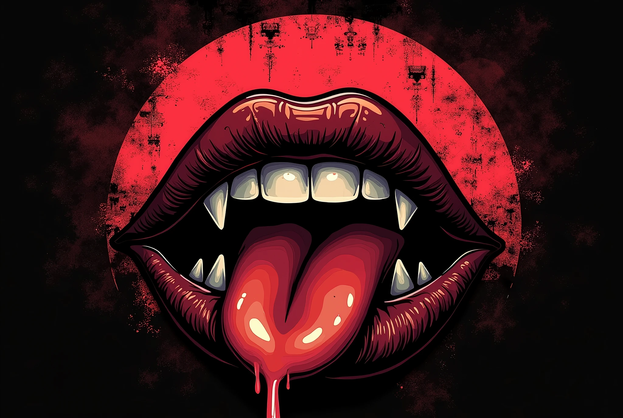 Vector t-shirt design Vintage retro sunset distressed black style design, steamy vampire lips, fierce fangs, teasing tongue, electric crimson and black palette, sultry glam, seductive glare, enticing shadows, gothic fantasy, cheeky touch: 'Kiss of the Night,' erotic flair, alluring details