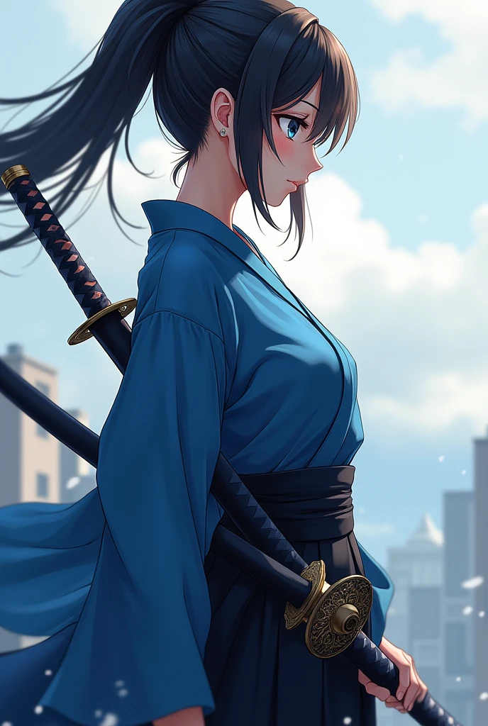 A mature and beautiful person,(Highest quality,Extremely detailed depiction,Incredibly absurd high resolution,Anatomically accurate depiction,Nice hands,Perfect Fingers,Curvy Legs,Shiny skin),(Anime samurai girl:1.5),(Blue kimono,Black Hakama,Holding a sword in his hand,with a katana scabbard at her waist),eyelash,(Black Eyes,Black Hair,Half-closed eyes:1.5,Sweat,whole body,Hair blowing in the wind,A stern gaze wielding a blade.),Anime Art,Side view