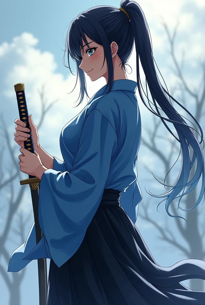 A mature and beautiful person,(Highest quality,Extremely detailed depiction,Incredibly absurd high resolution,Anatomically accurate depiction,Nice hands,Perfect Fingers,Curvy Legs,Shiny skin),(Anime samurai girl:1.5),(Blue kimono,Black Hakama,Holding a sword in his hand,with a katana scabbard at her waist),eyelash,(Black Eyes,Black Hair,Half-closed eyes:1.5,Sweat,whole body,Hair blowing in the wind,A stern gaze wielding a blade.),Anime Art,Side view