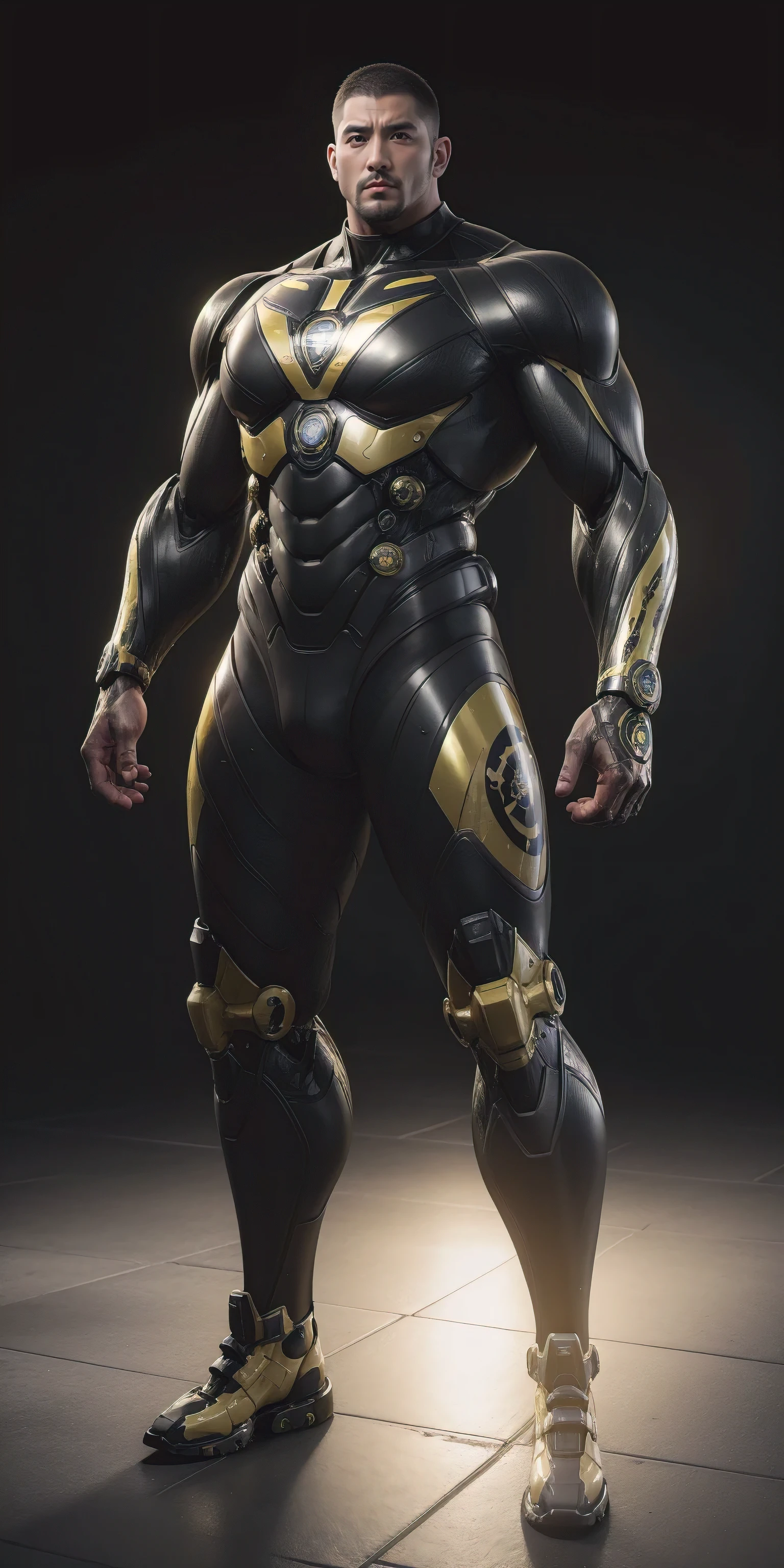 Tall giant muscular police officer,Buzz Cut,Very long legs,Yellow and black camouflage patterned nano mecha,Honeycomb pattern,Lightweight texture,Character Concept(Resident Evil - Chris Redfield,Chris Redfield)senior police officer,Small grid texture,Regular symmetrical texture pattern,Sad expression,Deep and charming eyes,Standing in a bright mechanical laboratory,Emerald Eyes Hero,Heroic male pose,Tall burly,muscular!Attractive leg muscles,High target, Burly, Heqiang, Super Buff and Coolness, High Resolution Committee, Bigfoot yellow-gray ultra-thin nano-mechanical boots,Charismatic strongman,The bright sunshine shines on you,Matte particles,Shiny texture