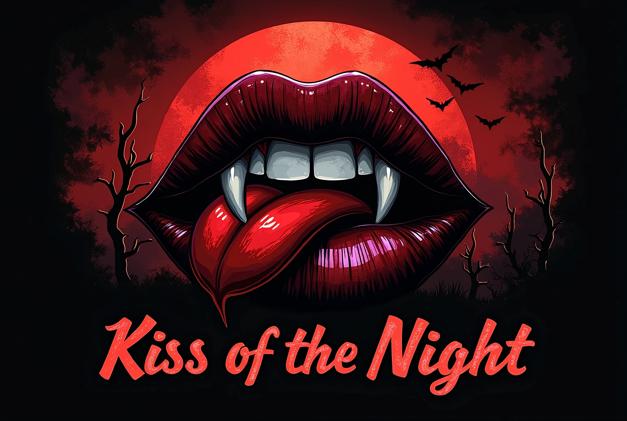 Vector t-shirt design Vintage retro sunset distressed black style design, steamy vampire lips, fierce fangs, teasing tongue, electric crimson and black palette, sultry glam, seductive glare, enticing shadows, gothic fantasy, cheeky touch: 'Kiss of the Night,' erotic flair, alluring details
