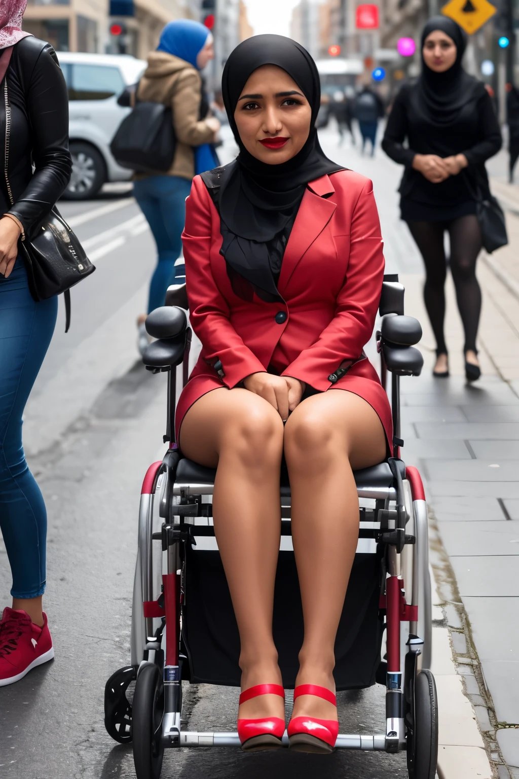 Two paralyzed women Islamic in wheelchairs, both wearing black pantyhose and red lipstick, are on the street deformed legs 