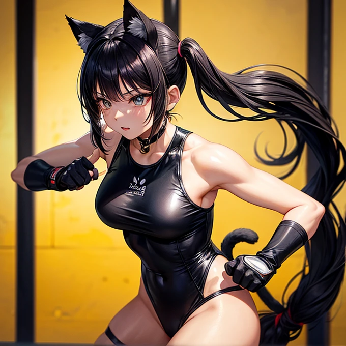 she is wearing black clothes,  High Cut Bodysuit.Woman doing muay thai　It has cat ears and a tail..　Twin tails　Open Finger Gloves