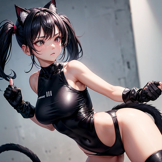 she is wearing black clothes, High Cut Bodysuit.Woman doing muay thai It has cat ears and a tail.. Twin tails Open Finger Gloves