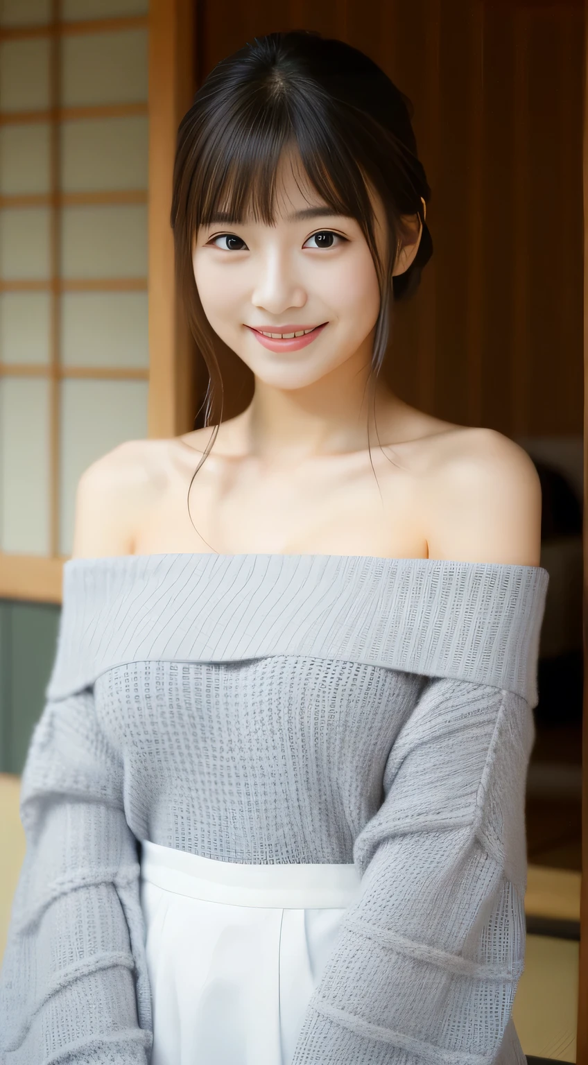 masterpiece,best quality,(Japanese girl),((Beautiful girl)),cleavage,(off shoulder:1.2),(perfect body beauty:1.2),(shy smile)