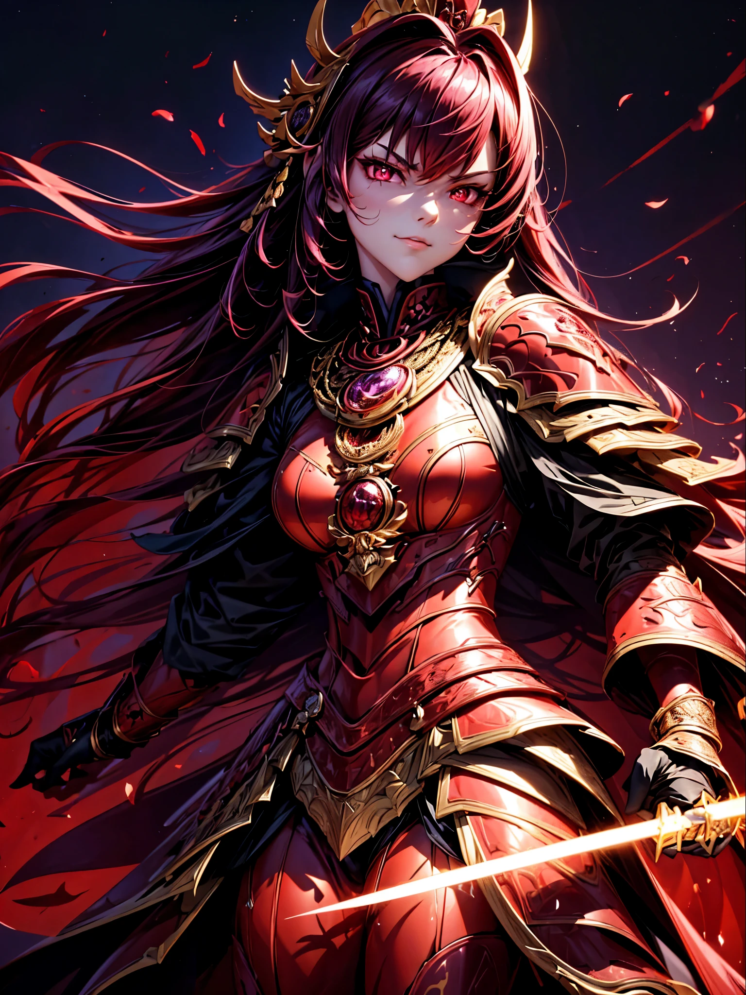 best quality,4K,high resolution),Ultradetailliert,realistisch,portrait, Lila Samurai Sukkubus mit einen katana dunkelrotem Haar, a purple-dark red armor with gold neon lights with gold trim and glowing red eyes, Leuchtende Farben, delicate features, seductive glance, Charming smile, wallende Haare, sanfte Beleuchtung