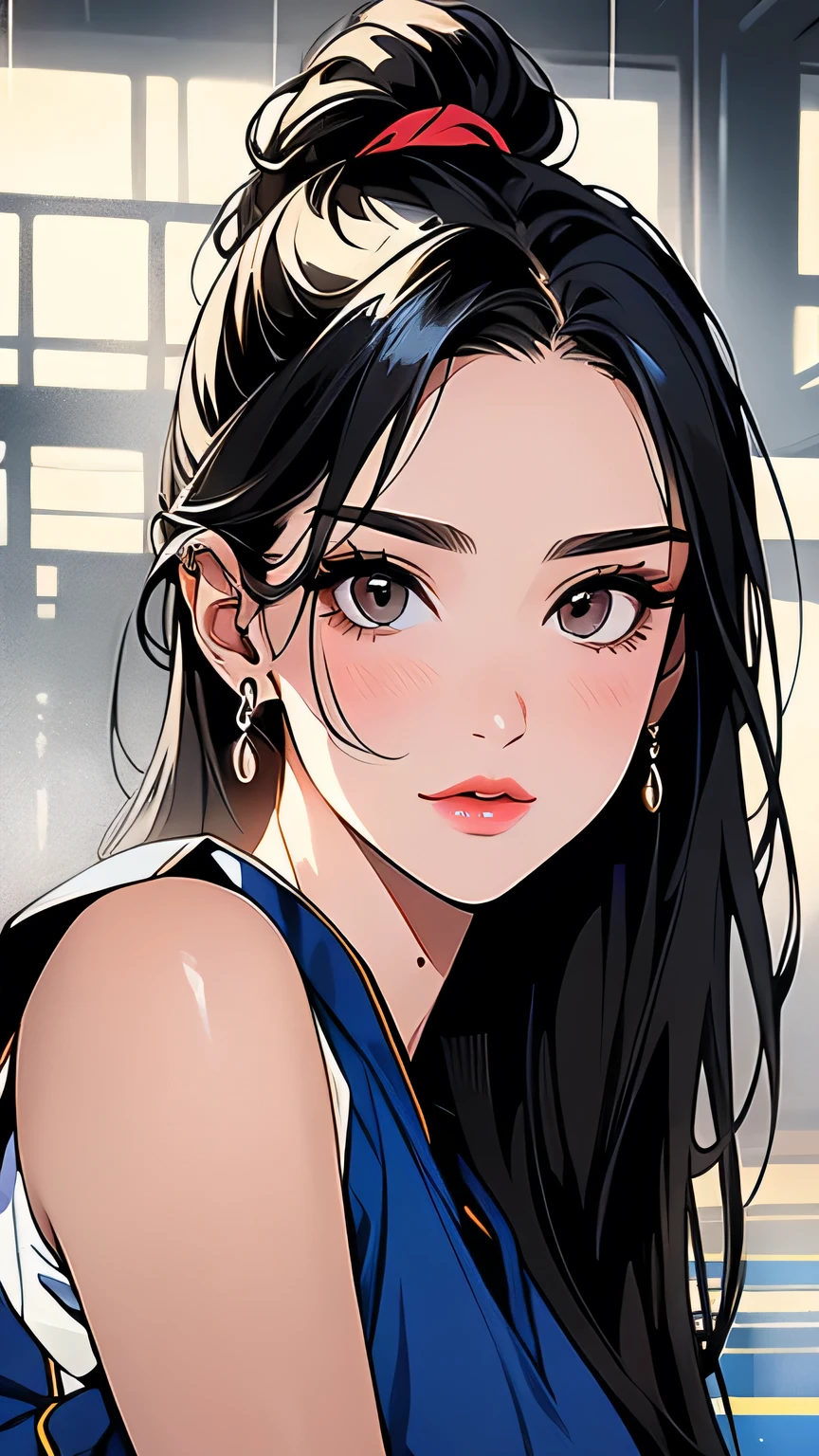 1girl, (((Very beautiful 25 year old girl))), cute、Looking at this､  ((Beautiful low ponytail)), Detailed face､Detailed body､とってもcute顔, Glossy Lips, Double eyelids on both eyes,Natural smile、 Natural Makeup, Long eyelashes, Shiny and smooth hair､Perfect limbs, Perfect Anatomy,(((Basketball Sleeveless Uniform)))、,(Wet with sweat), masterpiece, 最high quality, high quality, High resolution, Portrait､sexy､In the gym