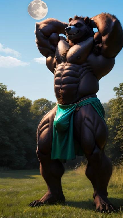 A male beastman character based on the Moon Bear, with a bare upper body and muscular body.。Loincloth。
Loinclothの前は大きく丸く滑らかに膨らんでいる。nice bulge。
The pitch black moon bear male beastman正面を向いて立っている。
The pitch black moon bear male beastman、He carries a spear longer than his height。
The background is a grassland。Daytime background。
A friendly smile。
Illustration style character。Black body hair。
Highest quality。8k。16K。Highest quality。