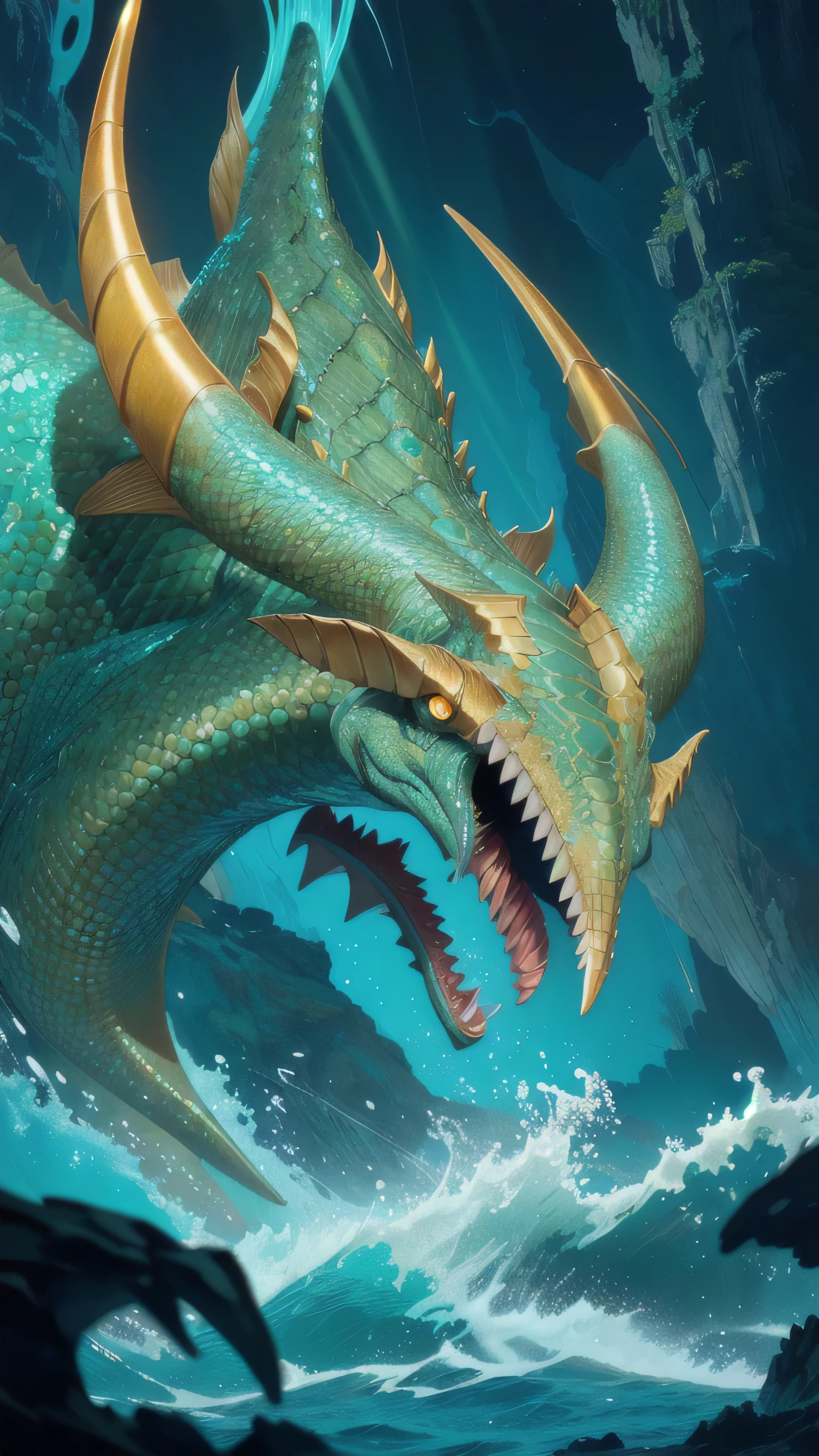 a massive sea serpent, large olive-skinned aquatic creature with fins, fangs, and horns, hyper-realistic, award-winning, sharp focus, 8k resolution, cinematic lighting, photorealistic, masterpiece, detailed scales, muscular body, glowing eyes, dramatic ocean background, underwater scene, bioluminescent effects, powerful jaws, intricate details