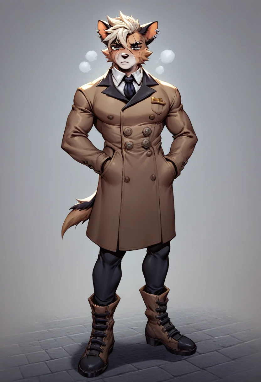 a anthropomorphic dog furry yellow detective buff,muscular wearing a detective outfit,brown trench-coat,scars,thick,30’s style. He’s androgynous, a sensual ,cool expression,full body.The scene has a cold,mysterious,Blacksad style and a vibrant tone.Diesel punk city setting in the background.