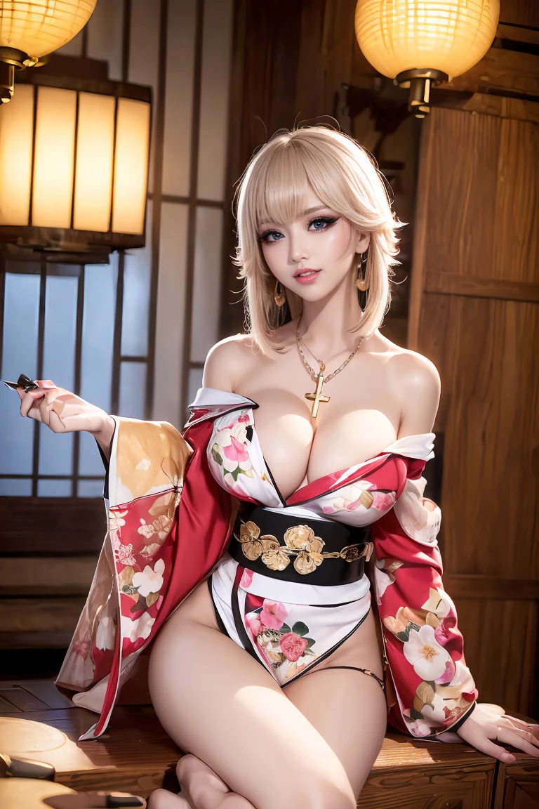 (Photorealsitic:1.5)、(Sexy perfect body)、Anatomically perfect body、Ultra-high image quality、Ultra-high realistic image quality、japanes、(Off-shoulder short length floral print kimono:1.6)、(huge-breasted:1.1)、(cleavage of the breast:1.5)、Waist slender、(blondehair:1.3)、(blurry backround)、(grin:1.2)、(Gal-style thick shadow eyeliner:1.4)、(Long false eyelashes:1.2)、(Gal Style Makeup:1.2)、Gal style earrings、Gal style bracelet、(Gal Style Cross Charm Necklace、Triple Necklace:1.3)、in poolside、(Thigh up:1.3)、(sexy pose:1.3)、masutepiece:1.5