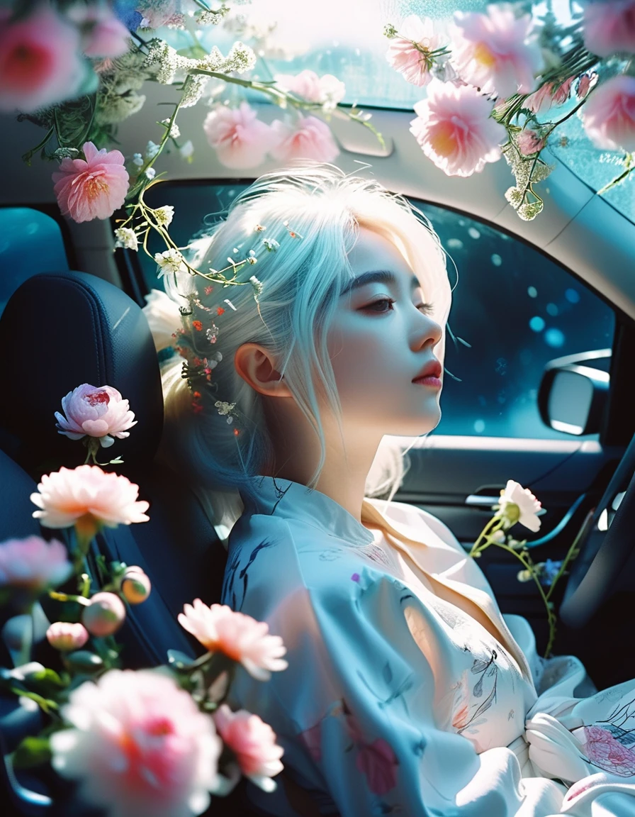 breathtaking ethereal fantasy concept art of cinematic film still,chinese girl,a girl with white hair sitting in car filled with flowers,art by Rinko Kawauchi,in the style of naturalistic poses,vacation dadcore,youth fulenergy,a cool expression,body extensions,flowersin the sky,****og film,super detail,dreamy lofi photography,colourful,covered in flowers andvines,Inside view,shot on fujifilm XT4 . shallow depth of field,vignette,highly detailed,high budget,bokeh,cinemascope,moody,epic,gorgeous,film grain,grainy . magnificent,celestial,ethereal,painterly,epic,majestic,magical,fantasy art,cover art,dreamy,monkren, . award-winning, professional, highly detailed, light master, monkren, sunlight