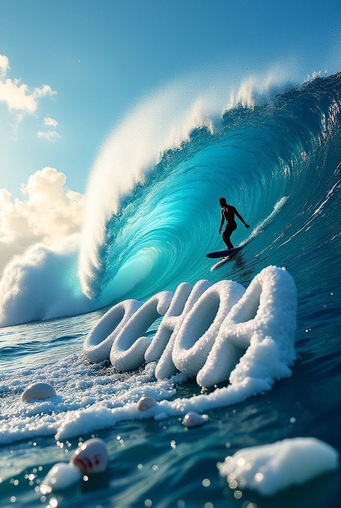 Surfer in the distance on a giant wave, write the name of OCHOA in the sea