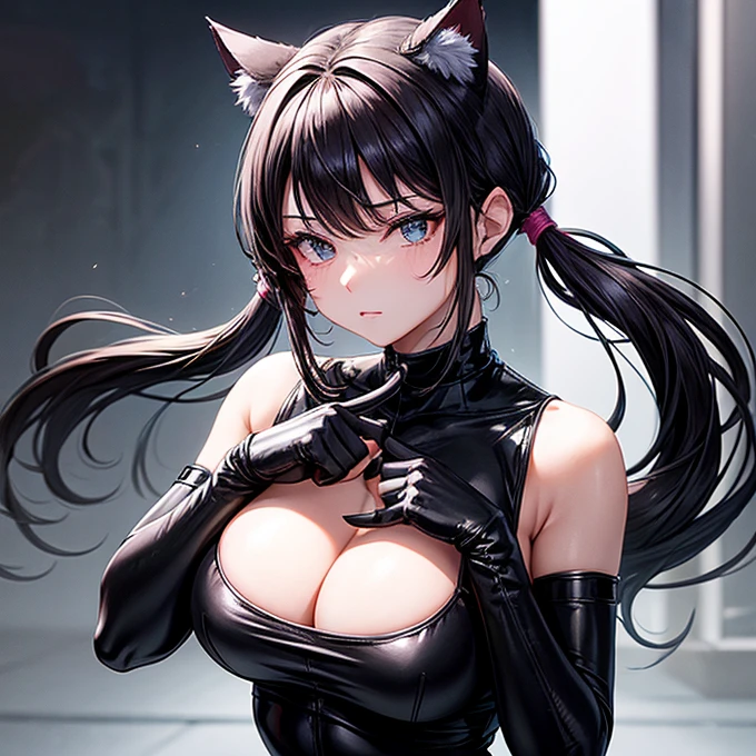 she is wearing black clothes, High Cut Bodysuit.A woman doing professional wrestling It has cat ears and a tail... Twin tails Open Finger Gloves