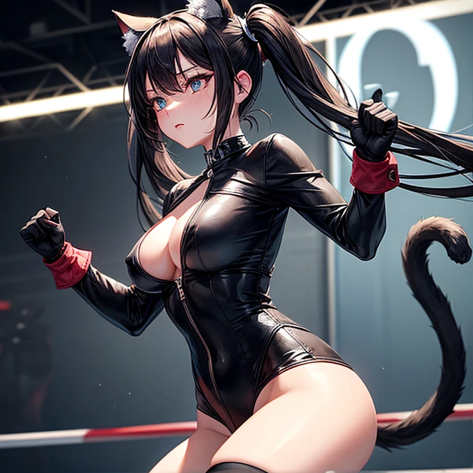 she is wearing black clothes, High Cut Bodysuit.A woman doing professional wrestling It has cat ears and a tail... Twin tails Open Finger Gloves