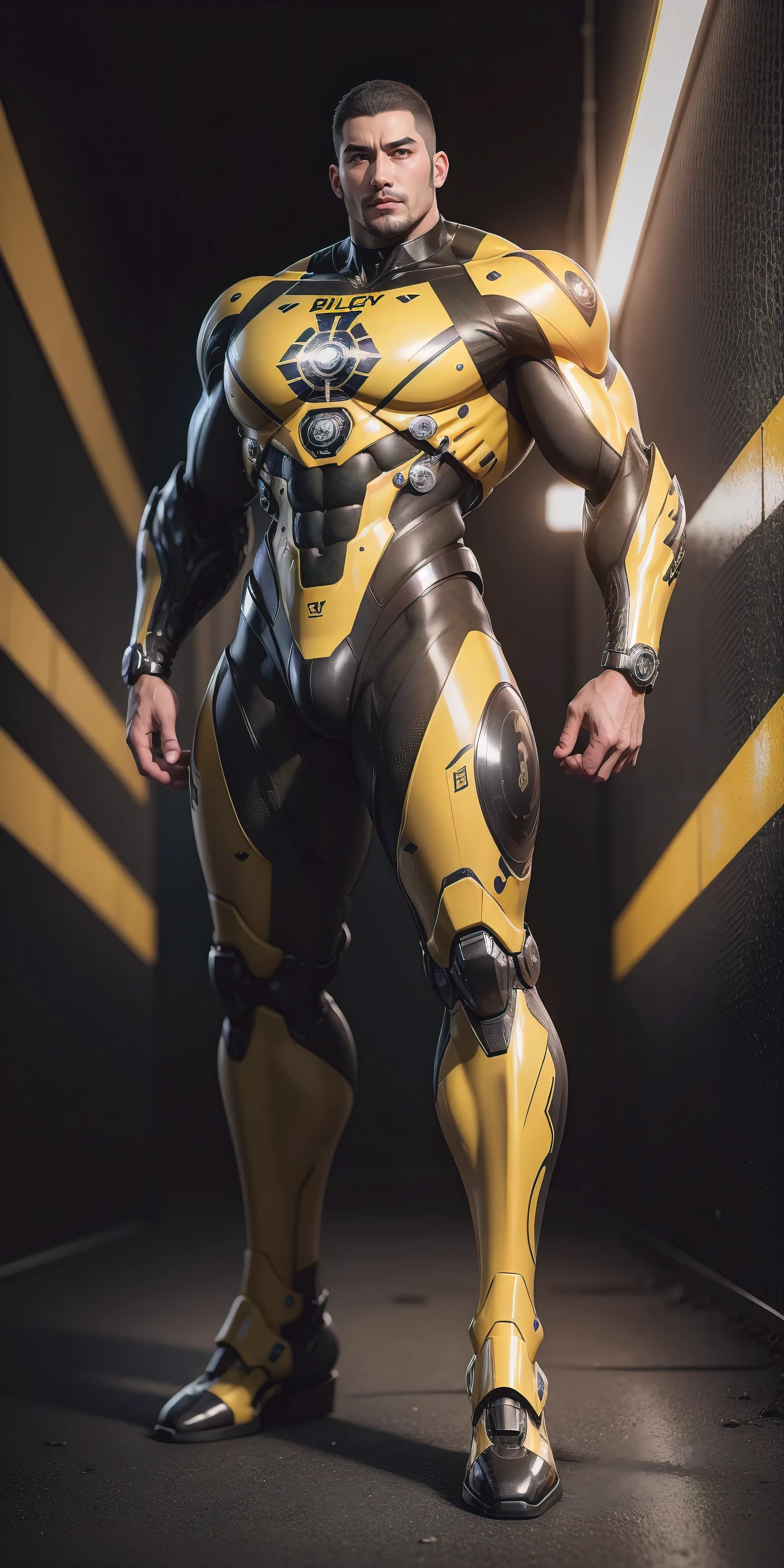 Tall giant muscular police officer，Buzz Cut，Very long legs，Yellow and black camouflage patterned nano mecha，Honeycomb pattern，Lightweight texture，Character Concept（Resident Evil - Chris Redfield，Chris Redfield）senior police officer，Small grid texture，Regular symmetrical texture pattern，Sad expression，Deep and charming eyes，Standing in a bright mechanical laboratory，Emerald Eyes Hero，Heroic male pose，Tall burly，muscular！Attractive leg muscles，High target, Burly, Heqiang，  Super Buff and Coolness， High Resolution Committee， Bigfoot yellow-gray ultra-thin nano-mechanical boots，Charismatic strongman，The bright sunshine shines on you，Matte particles，Shiny texture
