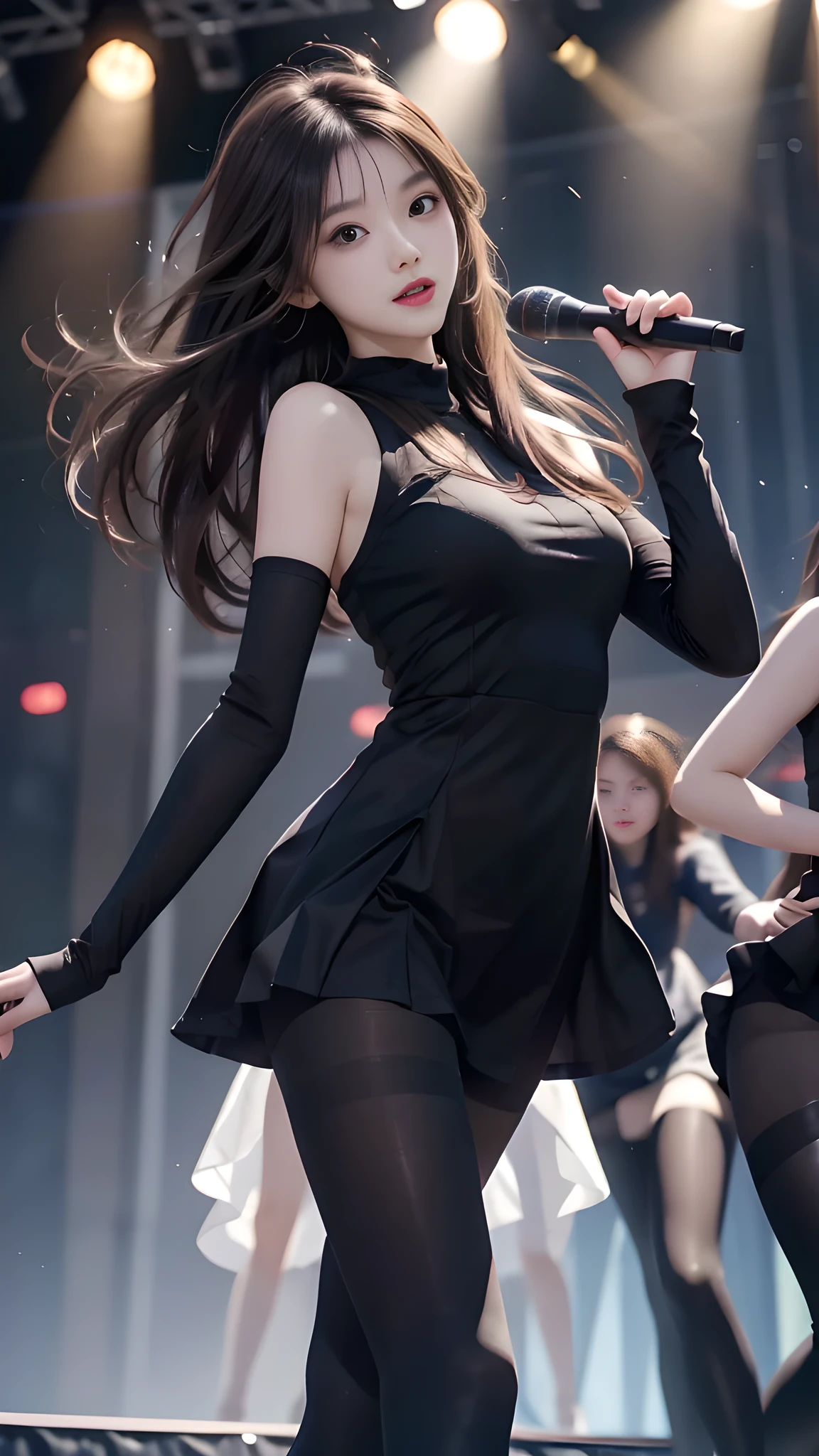 ulzzang-6500-v1.1, (RAW photo: 1.2), (Real photo), (Real photo: 1.4), 1 girl、Perfect anatomy、19 years old、Looking at the camera、Medium length hair、dress, Holding a microphone performing, ((performing on stage: 1.1))、(Hyperrealistic tights: 1.2), (Business service)、Asian eyes Ella,