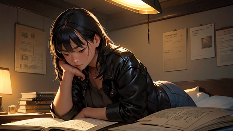 A realistic 3D scene with a slightly dark but warm-toned atmosphere. A strong, dark-haired East Asian girl leans against a bedhead, illuminated by the soft orange light of a bedside lamp. She is engrossed in an old, worn black leather notebook with frayed edges and peeling surface, covered in black dust. The notebook has a faded yellow label with aged handwriting on the cover.